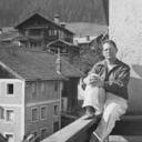 Jack on balcony outside hotel room in Fulpmes, Austria
