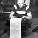 Frank Herbert with typewriter. Kenwood, California c.1952.