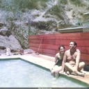 Norma and Jack poolside at house in Laurel Canyon, Los Angeles, while working for 20th Century Fox.