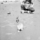 Norma with Pete and Joe, on Muir Beach, Marin County, California.